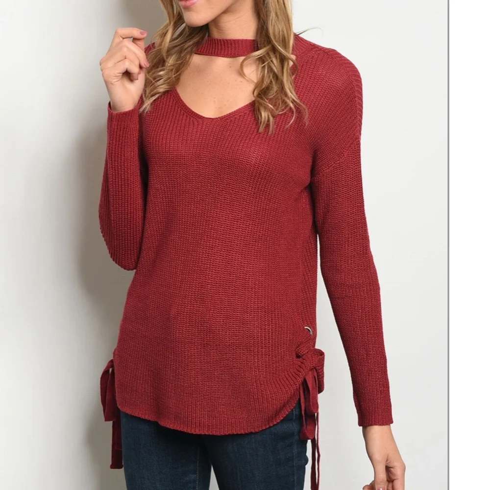 Dark Red Side Tie Sweater - Picture 5 of 6